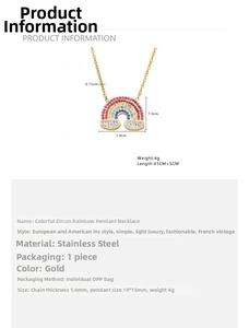 Detail view of 18k gold plated rainbow pendant with colorful zircon stones on stainless chain