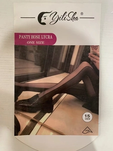 Detail of 15 DEN black sheer tights packaging showing Lycra material and size details