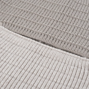 Thick knitted balaclava beanie featuring grey and beige vertical rib texture and warm fabric