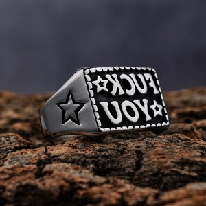 Punk style stainless steel signet ring with Fuck You text and star relief details