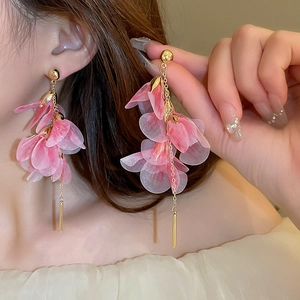 Elegant pink floral lace tassel earrings with gold finish, handmade bohemian vacation style