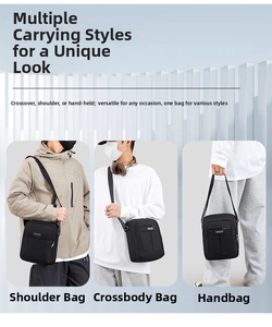 Close-up of black waterproof nylon crossbody bag with multi-pocket zipper design