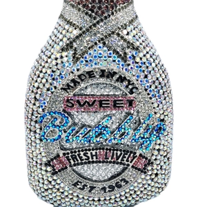 Sparkling champagne bottle rhinestone clutch bag with silver finish and vivid lettering