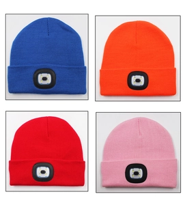 Detail showing knit beanies with built-in LED lights in blue orange red and pink colors