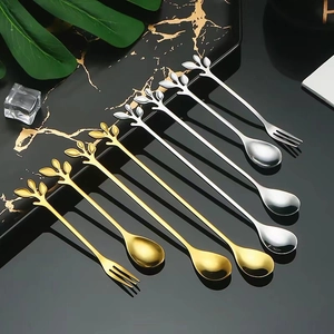 Leaf-shaped stainless steel coffee spoon and dessert fork set in gold and silver finish