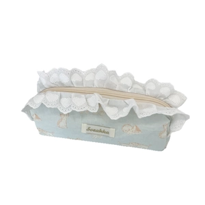 Blue cat print pencil case with white lace trim and zipper closure for stationery