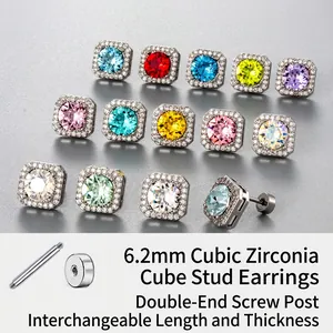 Square Zircon Stud Earrings Titanium Steel Screw Back Ear Bone Nail For Women Elegant Colorful Princess Style