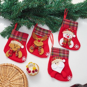 Set of 4 Christmas stockings with plaid cuffs and 3D Santa, Reindeer, Snowman patterns
