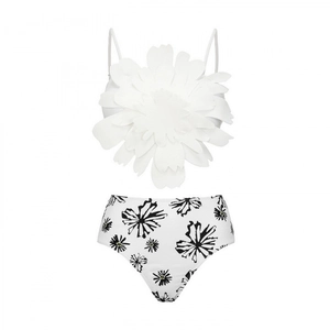 Chic two-piece bikini with 3D floral top and high-waisted black and white floral bottom