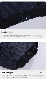 Détails de l'ourlet et des poignets élastiques coupe-vent sur la veste léopard
