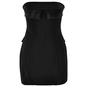 Detail view of the sleek back zipper and fold-over neckline on this black strapless dress