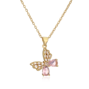 Elegant gold butterfly pendant necklace with pink teardrop stones on white background