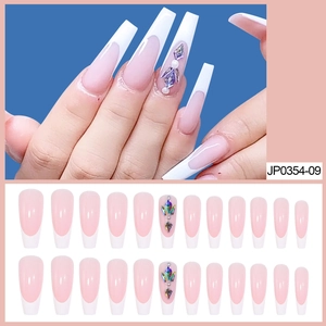 French Tip Long Coffin Press On Nails White Pink Fake Nails With Rhinestone Artificial Pearl Butterfly Decor Luxury Sweet Style