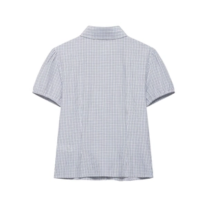 Blue and white checkered short sleeve poplin shirt displayed in a flat lay back view