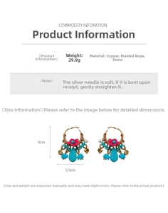 Detail view of Bohemian flower tassel earrings with copper, braided rope and stones