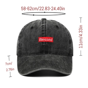 Detailed view of Blessed embroidered patch on washed denim baseball cap with dimensions