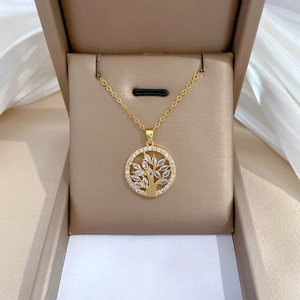 Tree Of Life Pendant Necklace Gold Plated Stainless Steel Chain With Copper Zircon Round Clavicle Jewelry For Women