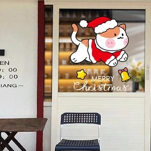 Christmas window decals featuring cute cartoon cat with Santa hat and Merry Christmas text