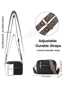 Crossbody bag detail showing dimensions, black PU leather texture, and jacquard strap