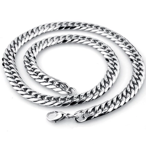 Polished silver stainless steel Cuban link necklace with secure lobster clasp for men