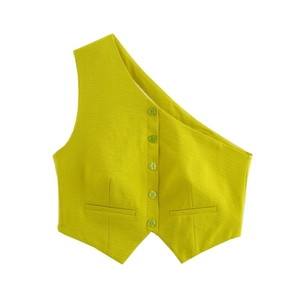 Gilet asimmetrico da donna monospalla verde erba con cinque bottoni in resina coordinati