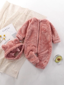 Plush winter baby romper with cute bear ear hat in soft Morandi pink fleece