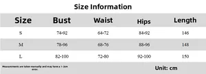 Größentabelle für figurbetontes Damenkleid mit Maßen für Brust, Taille, Hüfte und Länge