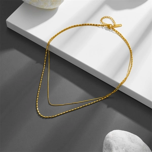 Double layered 18K gold plated wheat chain necklace with geometric minimalist design