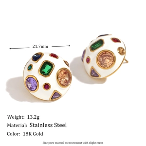 18K gold plated stainless steel dome earrings with white enamel and colorful zircons