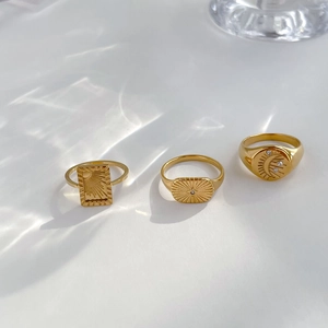Signet Ring Stainless Steel Sun Moon Celestial Star Engraved Zircon Gold Plated Retro Bohemian Niche Jewelry For Women