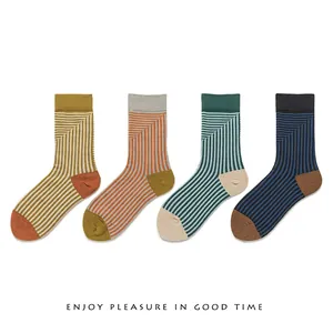 Retro vertical striped cotton crew socks set with color block details for women