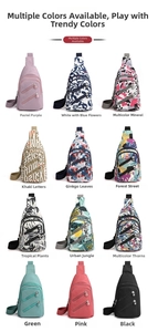 Collage of nylon crossbody chest bags in twelve diverse solid colors and patterns