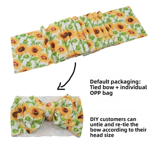 DIY adjustable sunflower print fabric headband showing bow tying steps for babies