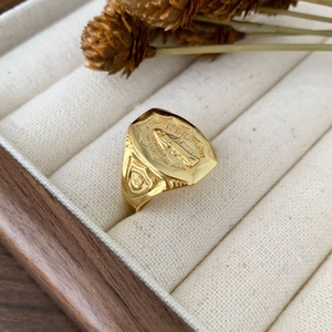 Vintage gold S925 sterling silver Virgin Mary signet ring in premium jewelry box