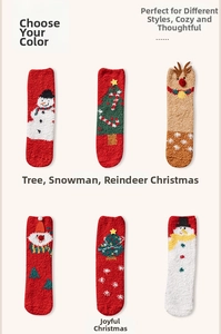 Detailed plush texture of coral fleece Christmas socks with snowman and reindeer patterns