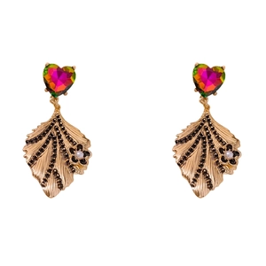 Vintage golden leaf earrings with rainbow heart gem and white pearl accent