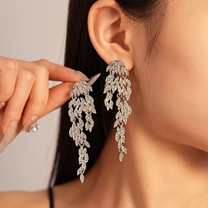 Leaf Tassel Dangle Earrings With Rhinestone Alloy And Silver Earring Post Elegant Luxury Jewelry For Women