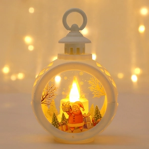 Close-up of a white spherical Christmas lantern with LED candle and Santa Claus inside