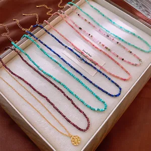 Gemstone Beaded Choker Necklace Titanium Steel Gold Plated French Vintage Aesthetic Elegant Jewelry For Women