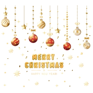 Christmas window static stickers with gold ornaments and Merry Christmas greetings