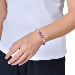 8mm pink quartz and purple imperial stone beaded elastic bracelet worn on a female wrist