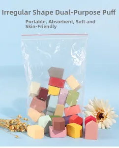 Detailed close-up of mixed non-latex makeup sponges in various shapes and pastel colors