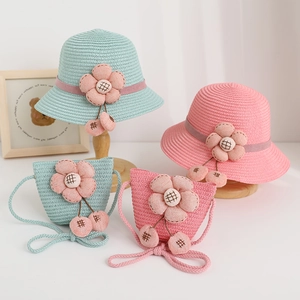 Kids wide brim straw sun hat and matching flower bag set for girls outdoor summer travel