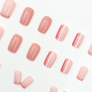 Pink and rose red vertical striped press-on nails in medium square-oval shape