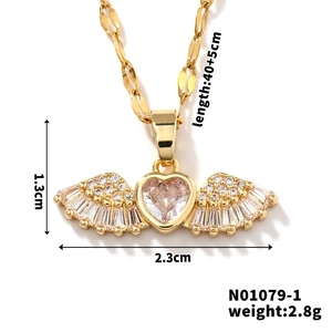 Detailed dimensions of the angel wing heart pendant necklace with gold zircon inlays