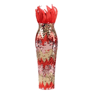 Elegant sequin feather evening dress with red and gold gradients in a slim fit silhouette