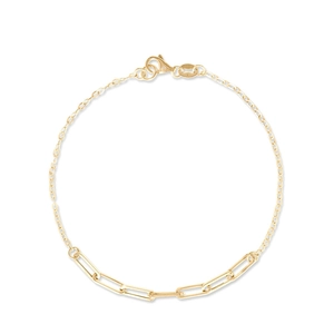 Detail of gold-plated paperclip and cable chain link bracelet with secure lobster clasp