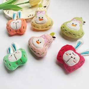 Plush apple rabbit and pear duck cartoon brooches in various bright colors for bags