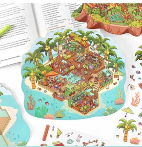 Detailed view of large cartoon cottage scenery stickers with vibrant island life designs