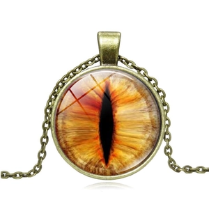 Vintage bronze dragon eye pendant necklace with orange glass dome cat eye jewelry